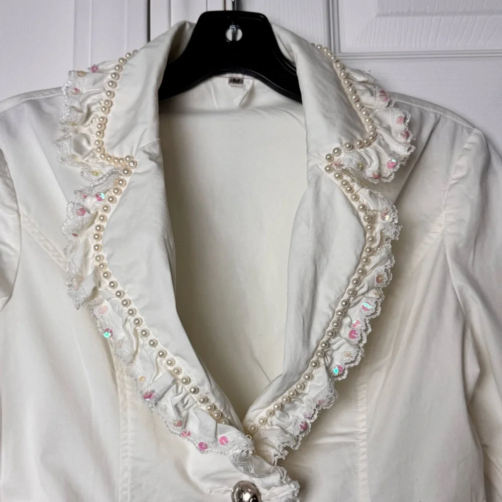 Kelly USA Vintage Ivory Pearl Trim Ruffle Blazer Cottagecore Jacket Size Medium - Picture 5 of 13